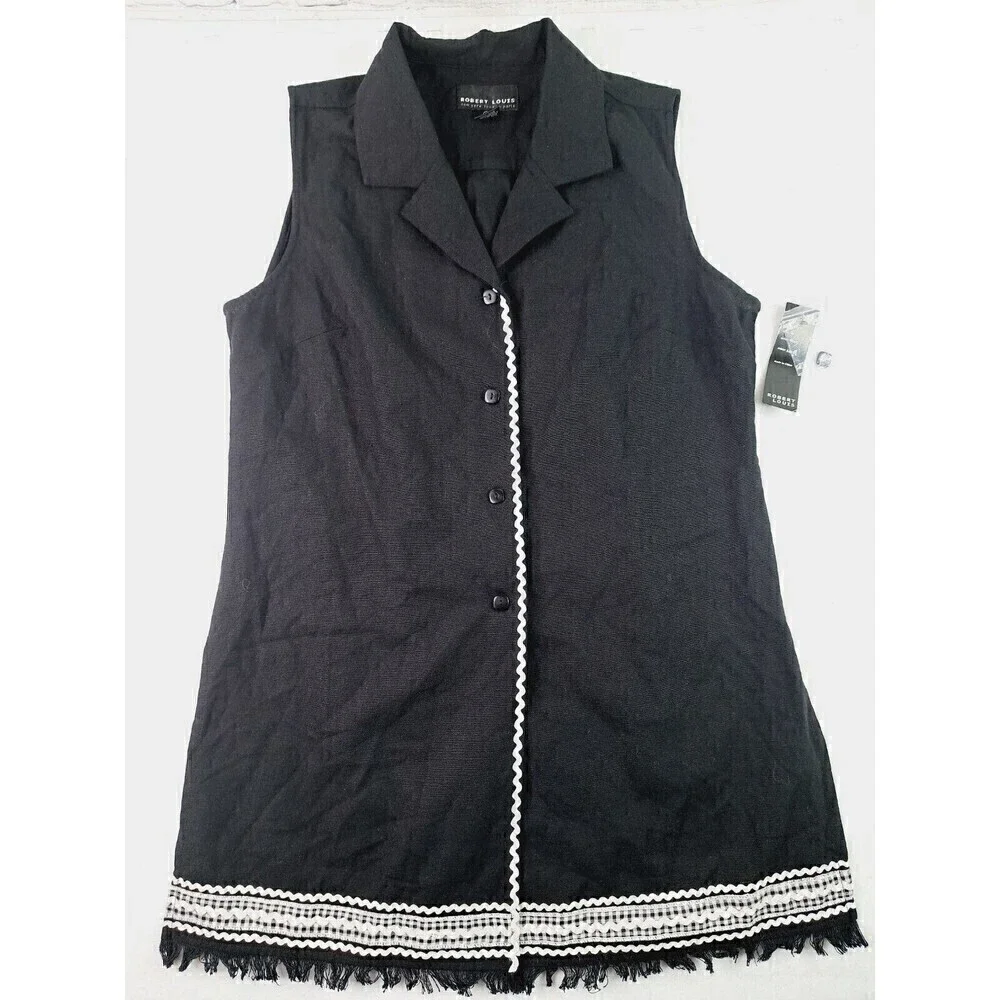 ROBERT Louis Women's Black/White Sleeveless Button Down Tunic V Neck Size M NWT - Picture 1 of 5